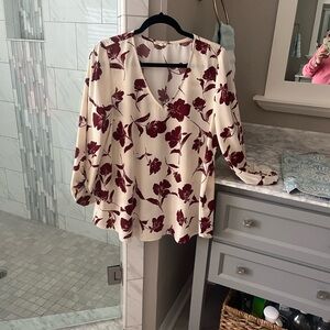 JODIFL Floral V-Neck Blouse - Cream and Burgundy